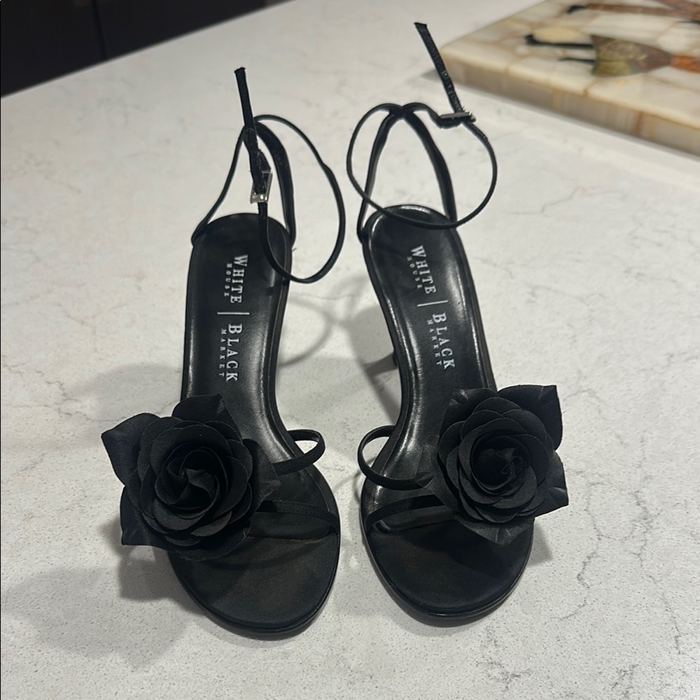 White House Black Market Black Stiletto Heels with Floral Detail